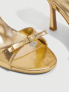 CUCCOO SZL Giày cao gót quai tròn đính đá Rhinestone hình trái tim kẻ caro màu vàng thời trang quyến rũ cho nữ mùa hè - Rượu sâm banh - Xem 6