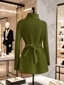 GlowEve Women's Elegant Solid Color Turnover Collar Belted Cardigan, Autumn/Winter - Army Green - View 2