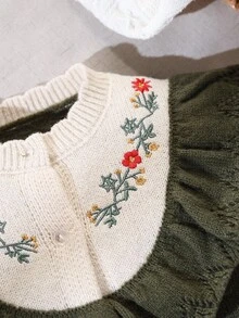 SHEIN 少女可爱荷叶边刺绣撞色针织开衫 - 軍綠色 - 查看 11