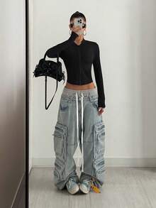 SHEIN Unity Áo khoác crop top màu trơn thông thường dành cho nữ, Xuân/Thu - màu đen - Xem 5