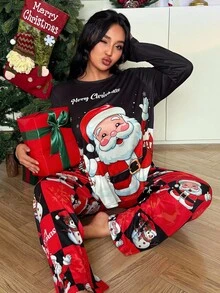 SHEIN 加大码圣诞雪人雪花印花可爱休闲睡衣套装，圆领长袖上衣和长裤，适合所有季节，秋冬季圣诞卡通睡衣女款 - 彩色 - 查看 1