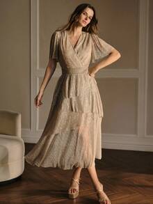 MOTF PREMIUM ASYMMETRICAL HEM WAIST TIE SHIRRED MIDI DRESS - Apricot - View 5