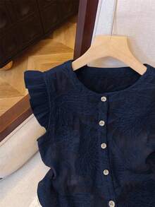 Serisse Women's Solid Color Ruffle Front Button Round Neck Casual Shirt Summer - Navy Blue - View 6