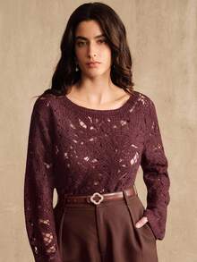 Anewsta 钩针休闲镂空圆领长袖 - 酒紅色 - 查看 3