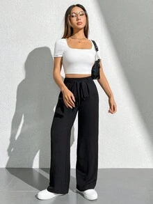 SHEIN PETITE 純色高腰扣帶寬腿褲 - 黑色 - 查看 6