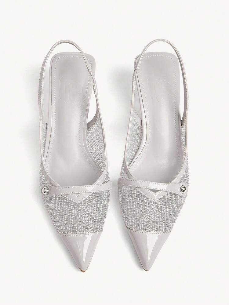 CUCCOO CHICEST Women's Elegant Pointed Toe Pumps With Metal Buckle Strap, V-Cut Mesh Inset, Stiletto Heel, Slip-On Dress Shoes For Work, Date, Casual Wear, Gray Glossy Leather & Mesh