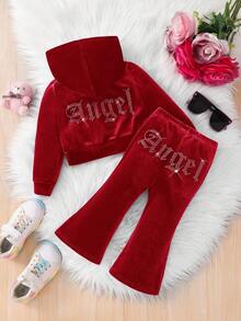 SHEIN Fashionable And Cute Baby Girl 2Pcs Sets Rhinestone Letter Pattern Velvet Hoodie & Flare Pants ,Sweatpants, Outfits,Cute & Casual & Vintage,Great For Casual & Daily Wear & School Daily In Summer & Autumn,For Christmas
