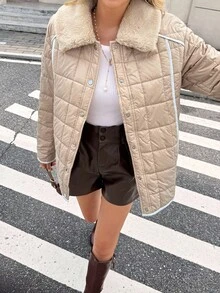SHEIN Frenchy معطف شتوي كاجوال أحادي الصدر مزين بياقة من الفرو الاصطناعي للنساء - لون مشمشي - مشاهدة 7