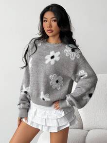 SHEIN 少女花卉提花针织开衫，优雅套头毛衣，适合日常穿着，旅行，搭配裙子，长袖秋冬装女孩女士 - 淺灰色 - 查看 7