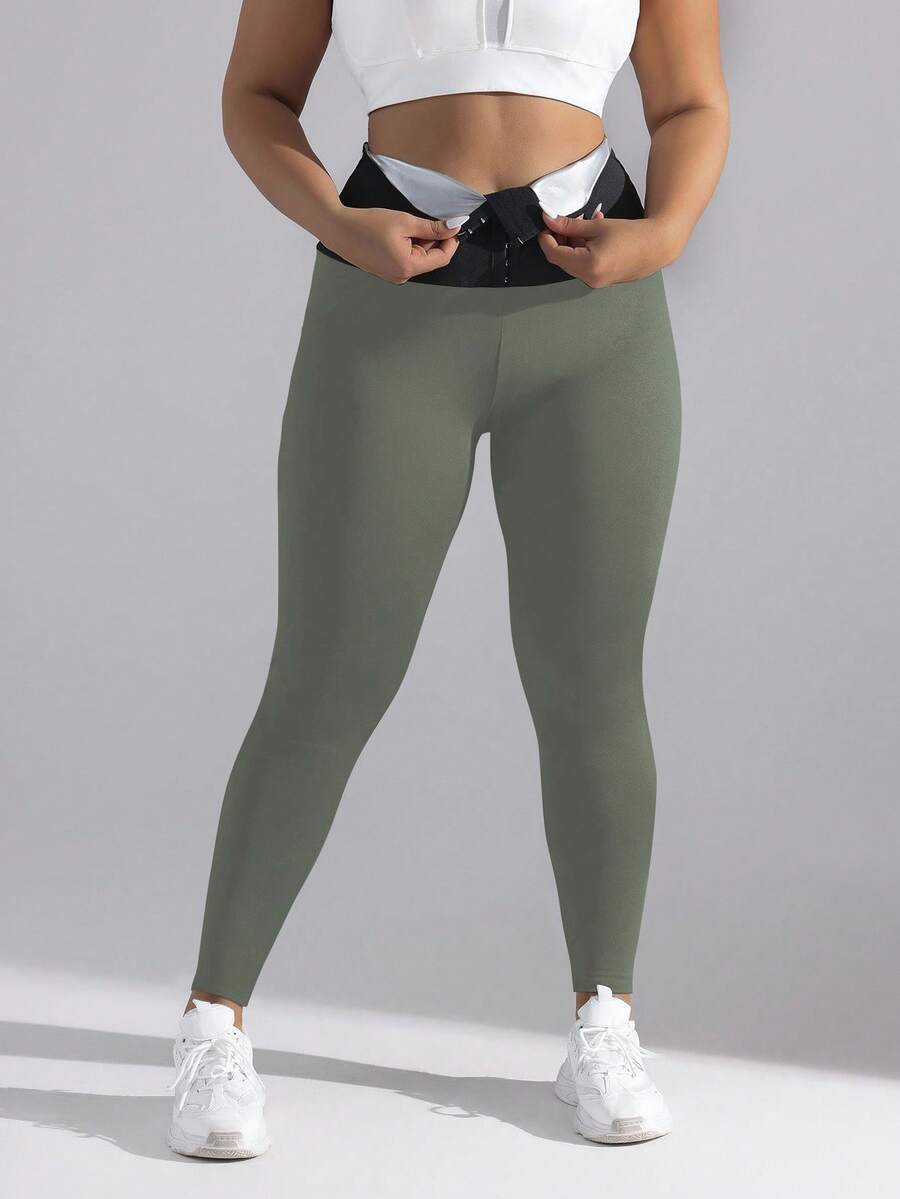 Easithlete Front Button Adjustable Waist Fat Burning Running Fitness Sweat Inducing Leggings - Green - View 1