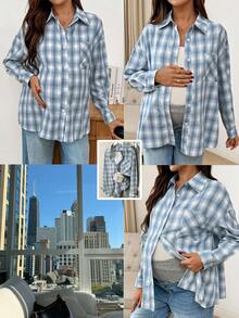SHEIN Camisa casual maternidade xadrez com ombros caídos, manga comprida, abotoamento simples e bolso