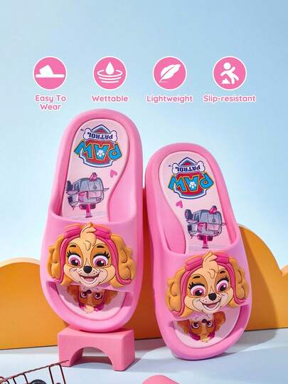 SHEIN | PAW Patrol 可爱卡通粉色 Skye 女童儿童一脚蹬拖鞋 幼儿和儿童防滑速干淋浴拖鞋，轻便耐用的 EVA 材质，适合室内、浴室、游乐场、游泳池、海滩室内外