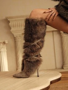 CUCCOO SZL 女士性感时尚奢华派对尖头细高跟仿皮草衬里拉链卡其色/咖啡色过膝毛茸茸靴子 - 咖啡棕 - 查看 1