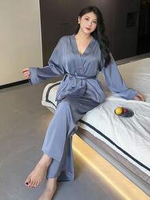 Dazy Plus 2pcs/Set Elegant Plus Size Women Casual Solid Color Lace-Up Top And Pants Pajama Set, Fall Clothes - Royal Blue - View 6