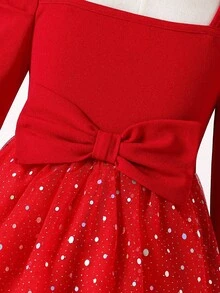 SHEIN 年轻女孩纯色方领羊腿袖网眼下摆休闲连衣裙 - 紅色 - 查看 5