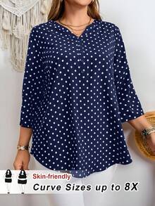 SHEIN CURVE+ Camisa casual de mujer talla grande con estampado de lunares, cuello con muesca y mangas enrolladas - Azul - Ver 4