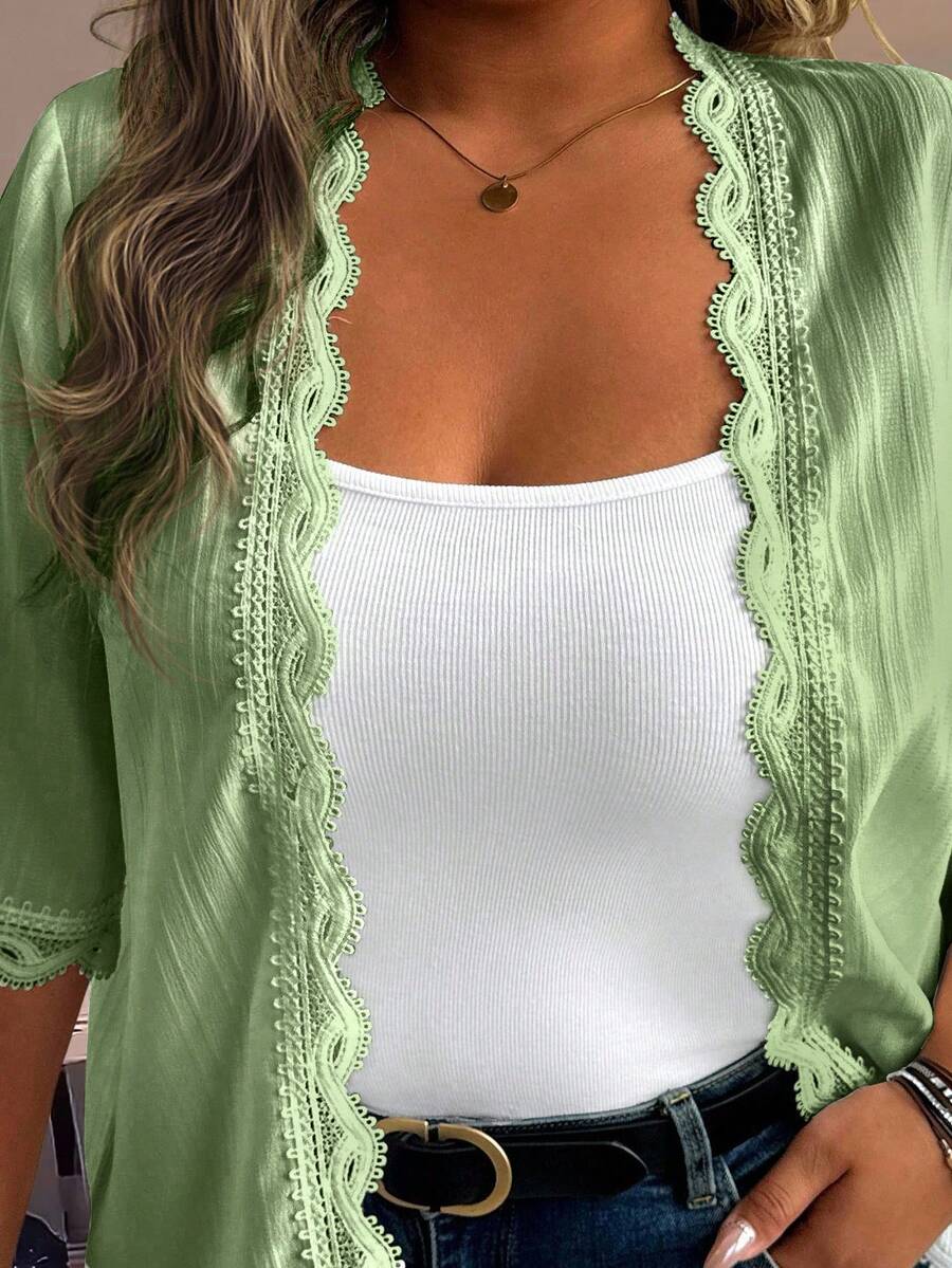 EMERY ROSE 大码女式纯色花朵蕾丝边开衫，休闲短袖上衣 - 軍綠色 - 查看 1