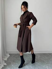 Elenzga Cappotto elegante da donna in stile vintage francese, doppiopetto, con bavero, maniche lunghe, vita stretta, di lunghezza media, adatto per primavera/autunno - Marrone ruggine - Visualizzare 6