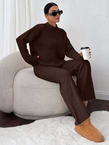 EURMUSE 2pcs Set: Cable Knit Jacquard Long Sleeve Top And Solid Color Pants - Brown - View 3