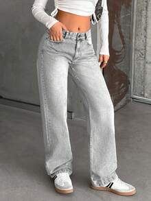 EURMUSE WOMEN STRAIGHT LOW WAIST JEANS - Grey - View 5