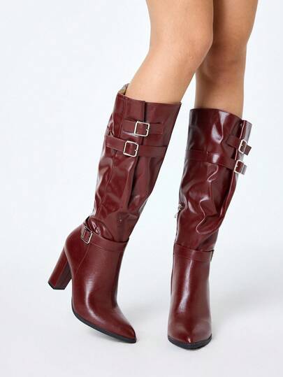 Fairycore 2025 New Autumn/Winter High Heel Riding Boots, Women's Burgundy Thick Heel Buckle Strap Tall Boots, Slim Fit Mid-Calf Increased Height Non-Over Knee Shoes