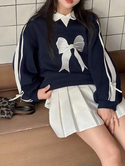 DAZY 少女针织抓绒卫衣，饰有蝴蝶结和刺绣花卉图案，秋冬季