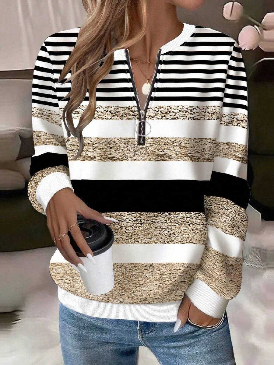 EMERY ROSE Textured Striped Print Zip-Up Round Neck Plus Size Women Sweatshirt Fall - Multicolor - View 1