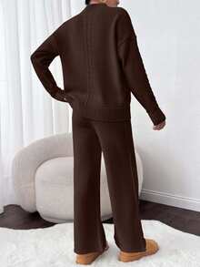 EURMUSE 2pcs Set: Cable Knit Jacquard Long Sleeve Top And Solid Color Pants - Brown - View 2