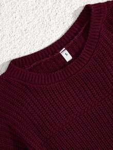 SHEIN Tall Tall Size Casual Rib Knit Crew Neck Women Sweater Everyday School Fall - Burgundy - View 4
