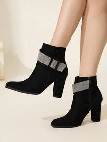 CUCCOO CHICEST Botas de tobillo con tacón grueso de strass para mujer, nuevas botas de vestir de terciopelo para otoño/invierno - Negro - Ver 2