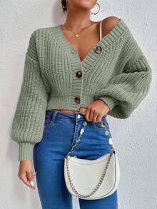 EMERY ROSE Casual Solid Color Lantern Sleeve Cropped Cardigan, Autumn/Winter - Mint Green - View 4