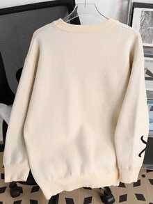 SHEIN 少女款宽松圆领蝴蝶结蝙蝠袖毛衣，休闲宽松版型，秋冬季 - 杏色 - 查看 2