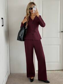 SHEIN LUNE 2 pièces/Set Chemise à manches longues avec boutons col V et pantalon évasé, tenue de bureau décontractée et élégante pour femme - Rouge foncé - Voir 6