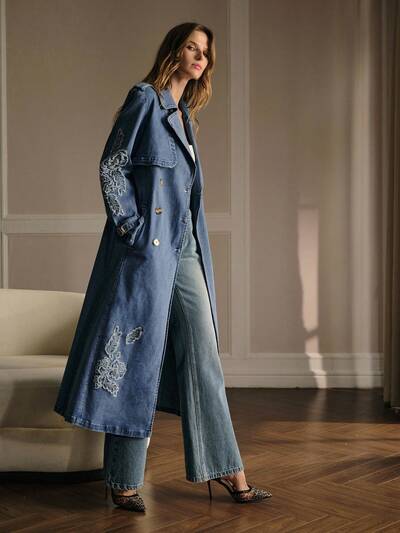 EMBROIDERY BELTED DENIM COAT
