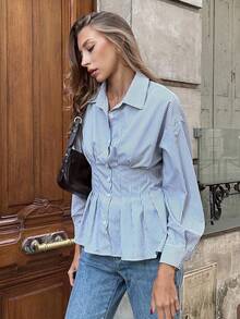 SHEIN Unity Striped Waist Cinching Casual Shirt, Suitable For Commuting, Autumn/Winter - Black and White - View 3