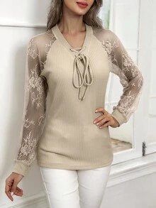 EMERY ROSE Women's Elegant Lace Patchwork Criss-Cross Tie T-Shirt - Multicolor - View 1