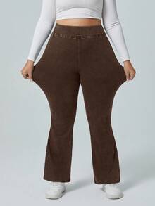 Flexra Große Größen einfarbige elastische Taille dehnbare Strick Lässig Weites Bein Schlagjeans - Kaffeebraun - Übersicht 4
