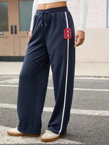 INAWLY 女士流行刺绣阔腿裤，高品质蓝色运动裤 - 藍色 - 查看 4