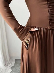 Elenzga Women's Coffee Brown Square Collar High-End Design Front Panel Splice Ruched Slim Fit Cinched Waist Elegant Long Sleeve A-Line Midi Dress, Suitable For Commuting In Autumn Fall Cloth For Women - Coffee Brown - View 3