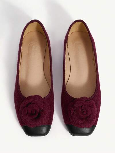 CUCCOO CHICEST Women's Autumn/Winter New Camellia Flower Patchwork Square Toe Flat Shoes, Elegant Sweet Romantic Casual Classic Comfortable Retro Burgundy, Burgundy & Black Faux Leather Felt Flats, Ballet Flats For Tea Party, Date, Work, Holiday, School, Christmas, Thanksgiving, New Year, Valentine's Day Elegant Shoes Wedding Shoes Summer Shoes Bride Shoes
