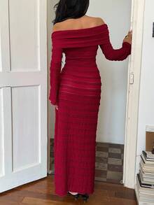 Sunnyshic Women's Solid Color Off Shoulder Long Sleeve Ruched Wedding Party Dress, Textured Fabric, Suitable For Evening Dates - Burgundy - View 2