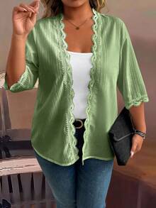 EMERY ROSE 大码女式纯色花朵蕾丝边开衫，休闲短袖上衣 - 軍綠色 - 查看 4