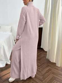 EURMUSE Ensemble robe pull longue et pantalon pull en tricot côtelé de couleur unie avec détail de fente pour femmes - Rose pâle - Voir 7