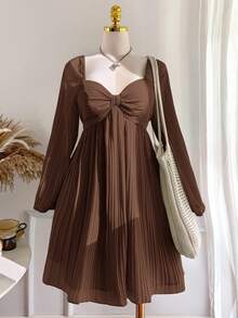 Comfortcana 大码休闲褶皱长袖连衣裙，秋冬 - 棕色 - 查看 6