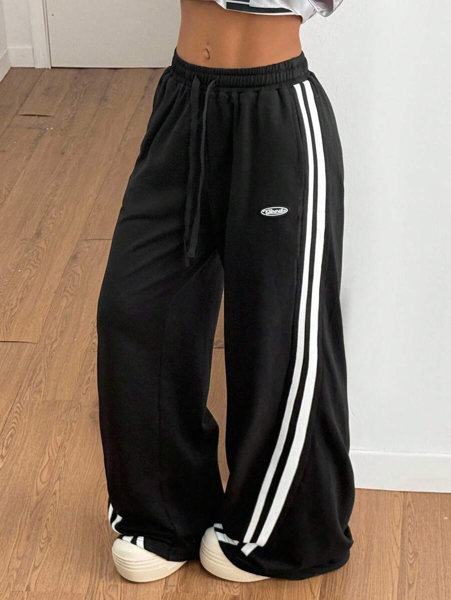 Coolane 女式秋季嘻哈运动休闲棉质织带阔腿运动裤 - 黑色 - 查看 1