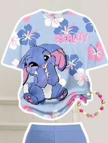 SHEIN Leap Crew 2 件套青少年女孩休闲宽松圆领短袖 T 恤和喇叭裤套装，带有可爱的卡通兔子、针线活、柔和蓝色的彩色花卉图案，适合秋季 - 彩色 - 查看 3