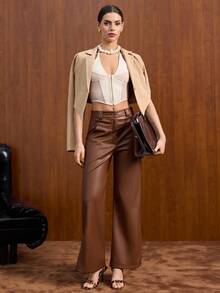 EURMUSE Women Solid Color Pocket And Button Detailed Wide Leg Pants - Brown - View 3