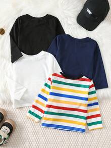 SHEIN 4 pezzi/confezione Magliette a maniche lunghe in maglia a tinta unita casual unisex per neonati, abbigliamento per bebè maschio e bebè femmina, inverno - Multicolore - Visualizzare 2