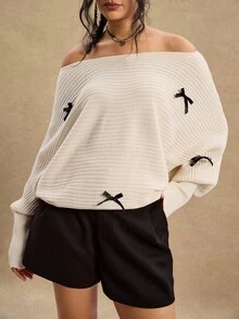 SHEIN VCAY 大码休闲蝴蝶结蝙蝠袖毛衣，秋冬 - 米色 - 查看 4