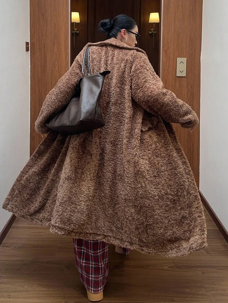 Dazy Plus Plus Size Women Thickened Faux Fur Collar Loose Pocket Long Cardigan Coat, Autumn/Winter